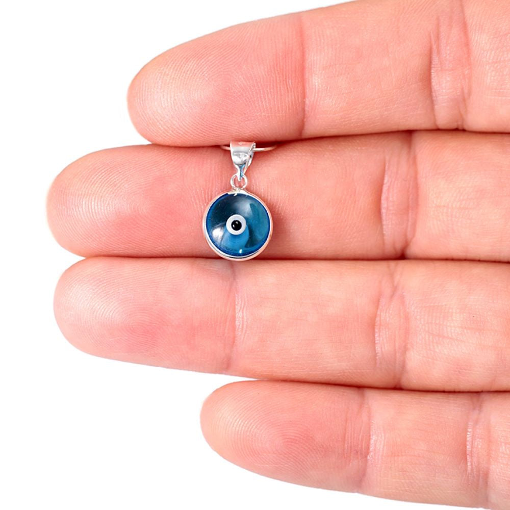 Evil eye hand blown glass charm pendant light blue in sterling silver