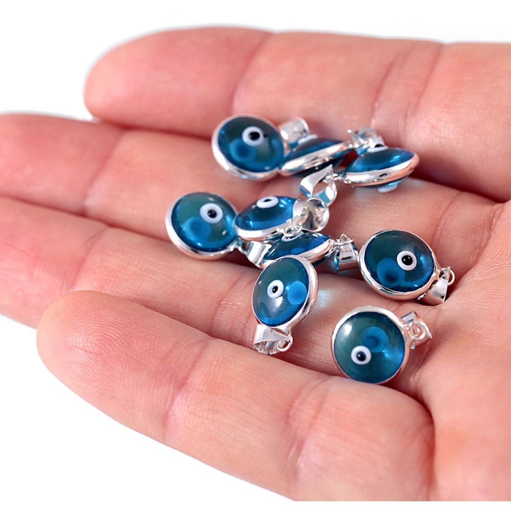 Evil eye hand blown glass charm pendant light blue in sterling silver