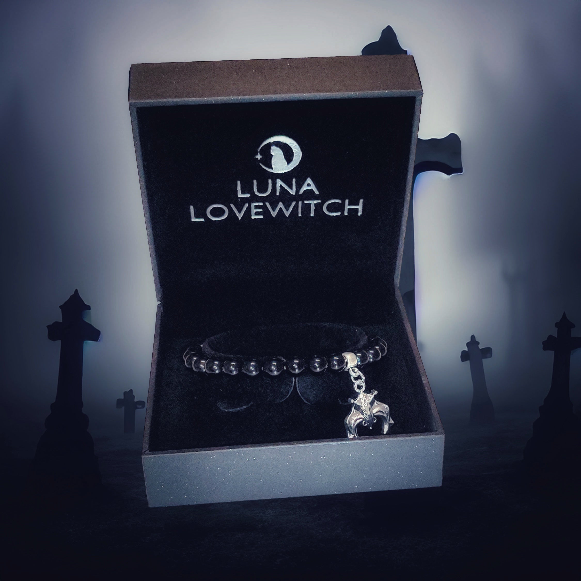 Luna Lovewitch Cursed Collection ~ Black obsidian bat charm bracelet