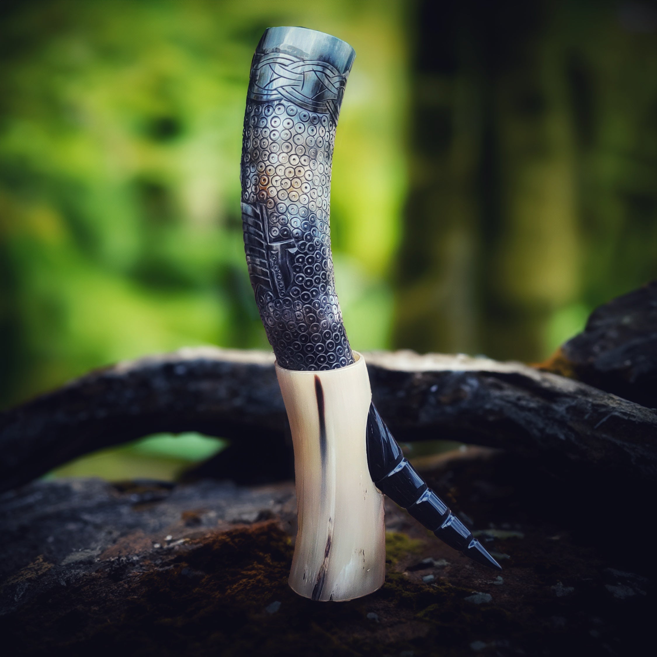 Genuine buffalo drinking horn - hand carved design with stand