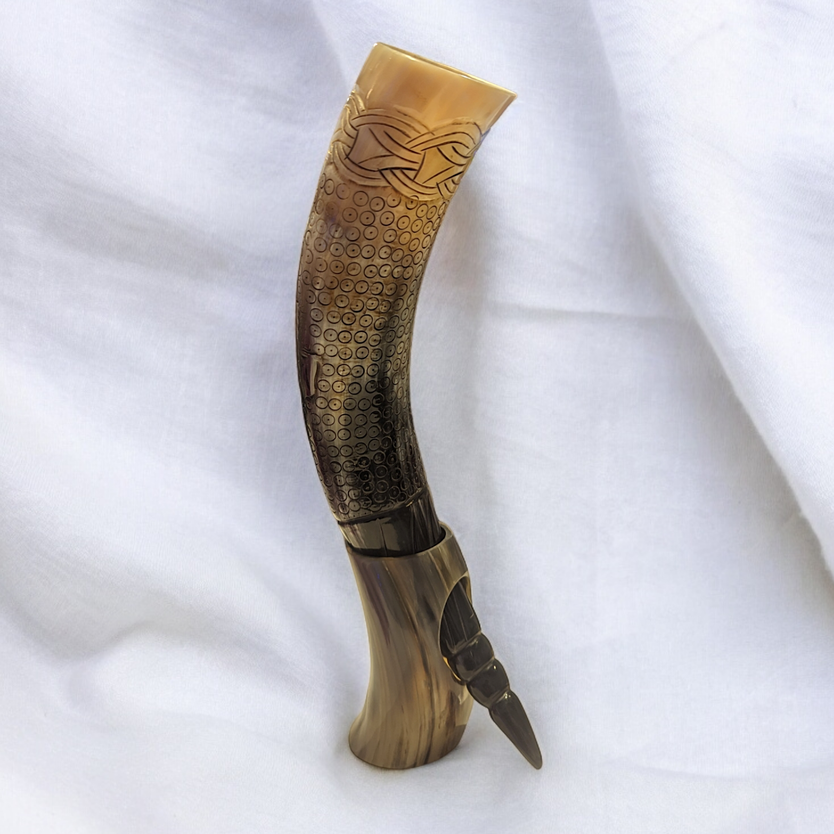 Genuine buffalo drinking horn - hand carved design with stand