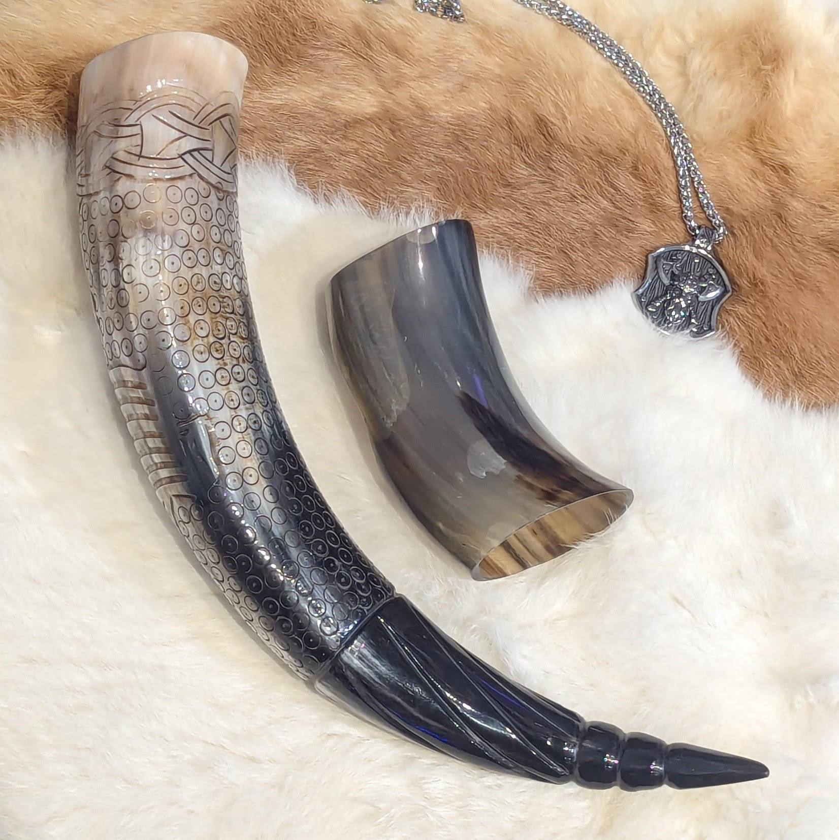 Genuine buffalo drinking horn - hand carved design with stand