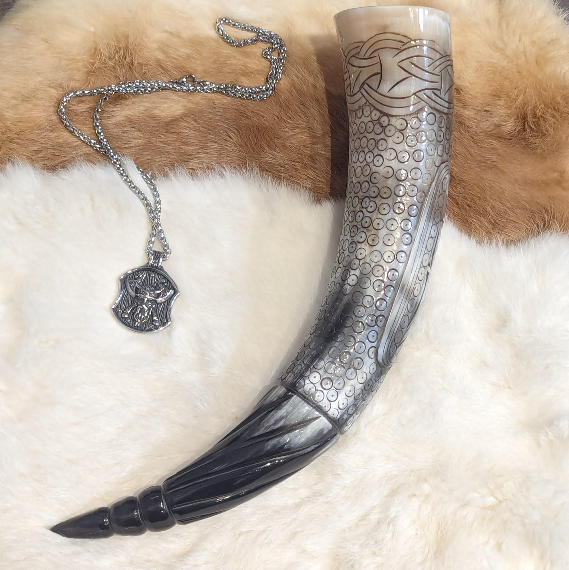 Genuine buffalo drinking horn - hand carved design with stand