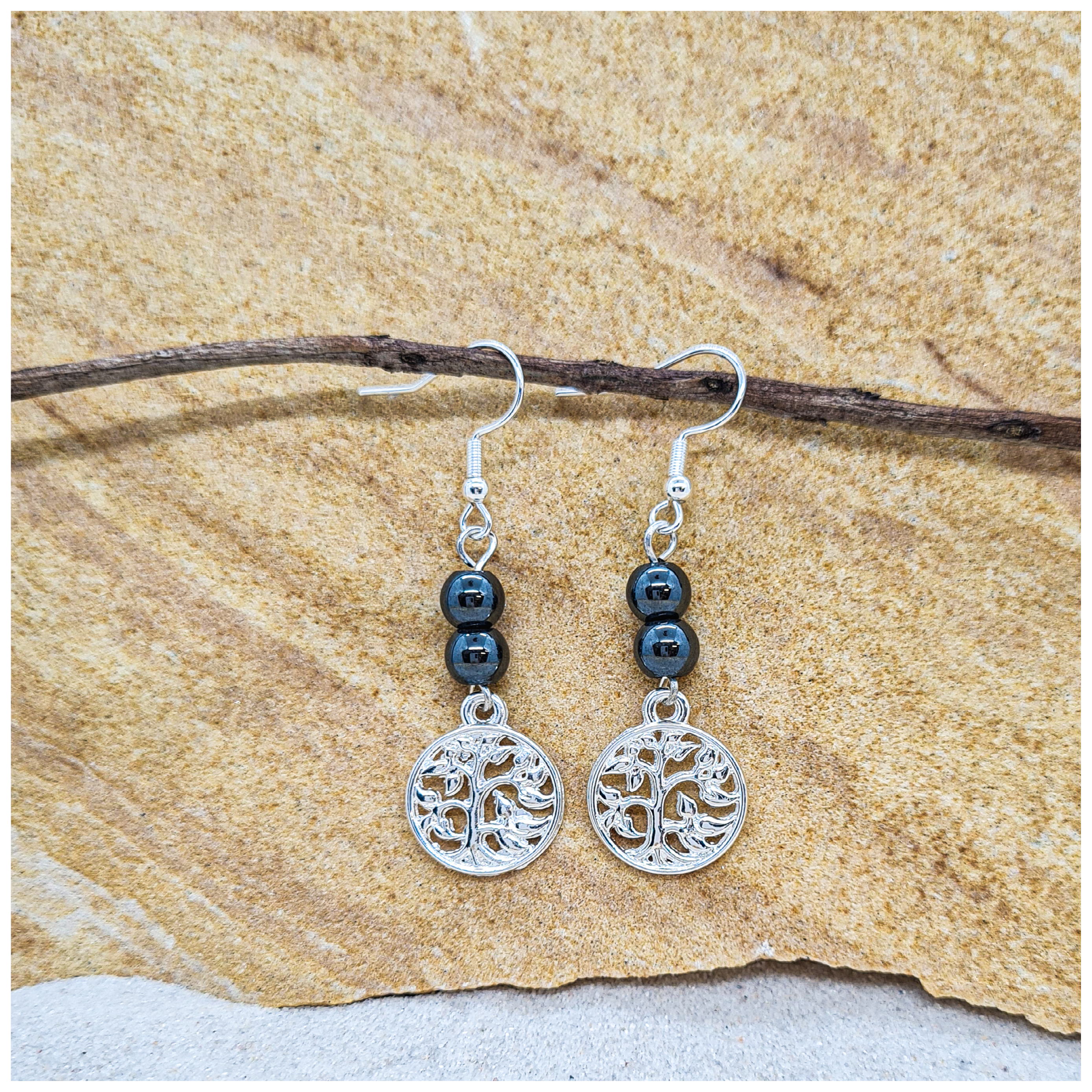 Hematite 6mm crystal bead drop earrings with silver tree of life charm